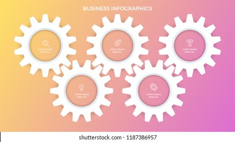 Business infographics. Presentation with 5 steps, options, gears. Vector template.