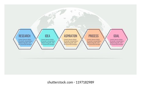 Business infographics. Presentation with 5 steps, options, hexagons. Vector template.