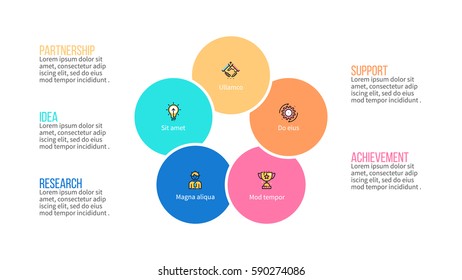 Business infographics. Presentation with 5 steps, section. Pie chart.