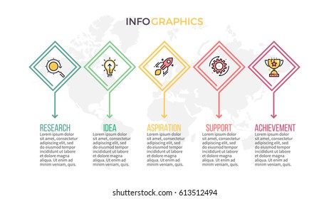 Business infographics. Presentation with 5 steps, squares, arrows. Vector design template.