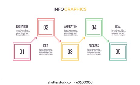 Business infographics. Presentation with 5 steps, arrows, squares. Vector template.