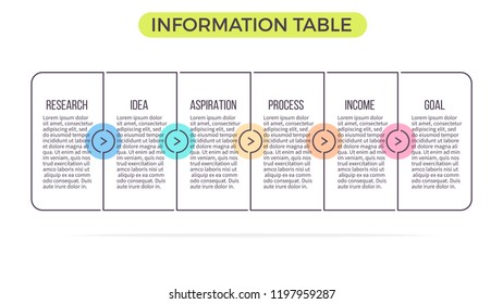 Business infographics. Presentation with 6 columns, options, steps. Vector template. Editable line.