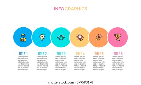 Business infographics. Presentation with 6 steps, circles, parts. Pie chart.