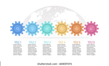 Business infographics. Presentation with 6 steps, gears. Vector template.