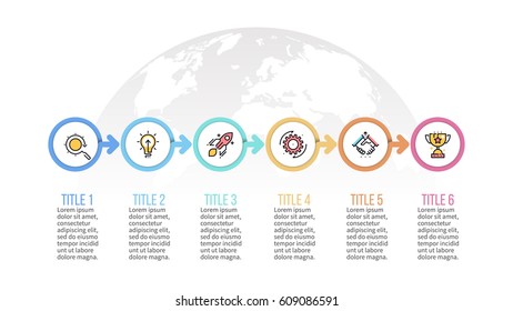 Business infographics. Presentation with 6 steps, options, arrows. Vector template.