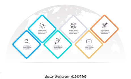 Business infographics. Presentation with 6 steps, options, squares. Vector template.