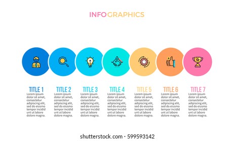 Business infographics. Presentation with 7 steps, circles, parts. Pie chart.