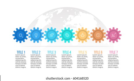 Business infographics. Presentation with 7 steps, gears.