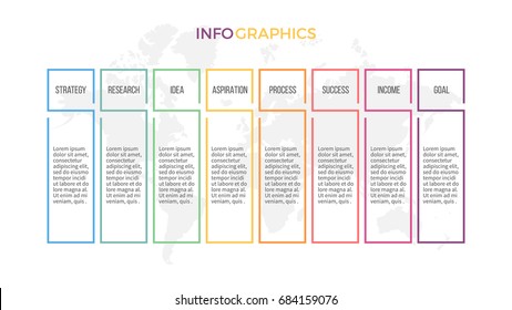 Business infographics. Presentation with 8 columns, options. Vector template.