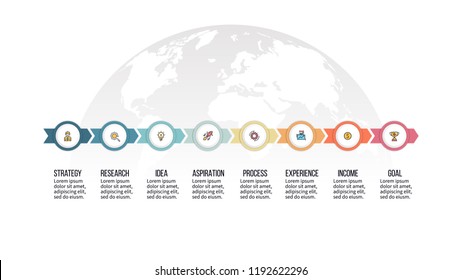 Business infographics. Presentation with 8 steps, options, arrows. Vector template.