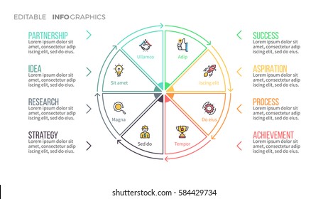 Business infographics. Presentation with 8 steps, options, parts. Editable line, vector pie chart.