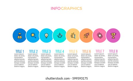 Business infographics. Presentation with 8 steps, circles, parts. Pie chart.