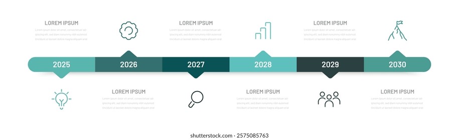 Business infographics for a presentation consisting of 6 steps, stages of achieving a goal. Project planning by year or month, editable icons