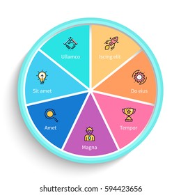 Business infographics. Presentation element with 7 steps, sections. Pie chart.