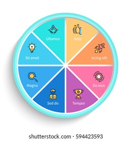 Business infographics. Presentation element with 8 steps, sections. Pie chart.