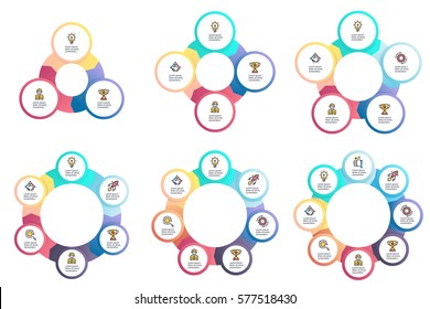 infografías de negocios. Elementos de presentación con 3, 4, 5, 6, 7, 8 pasos, flechas, círculos. Gráficos circulares vectoriales.