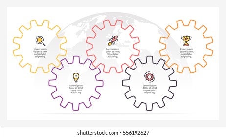 Business infographics. Presentation slide with 5 gears, cogwheels