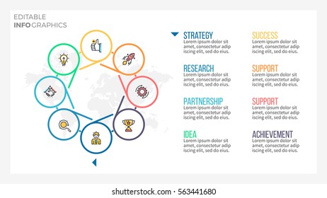 Business infographics. Presentation slide, page with 8 steps, parts. Editable stroke, infographic vector element.