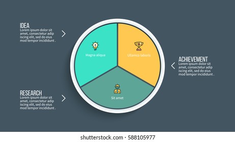 Business infographics. Presentation slide, page with 3 steps, number options, parts. Pie chart.