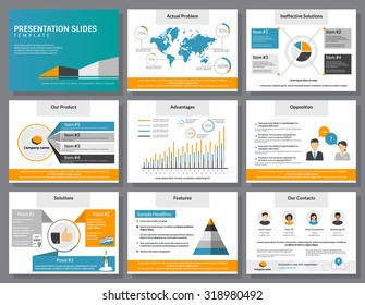 Modelo de slides de apresentação de infográficos de negócios com ilustrações planas de pessoas, consultoria, diagramas e gráfico. Layout do modelo de slide infográfico vetorial para apresentação de negócios ou gráfico de capa