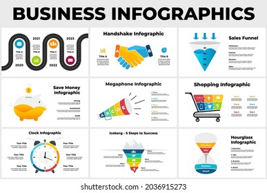 Business Infographics. Presentation slide templates. Startup, marketing and e-commerce concept. Creative symbols and signs illustrations. Charts, circle diagrams. 