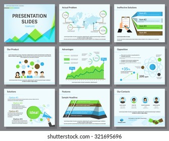 Business infographics presentation slides template with flat illustrations of task list, people, megaphone and chart