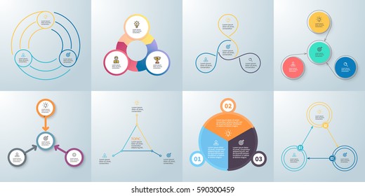 Business infographics. Presentation templates with 3 steps, options. Vector infographic arrows, flowcharts, diagrams, pie charts.