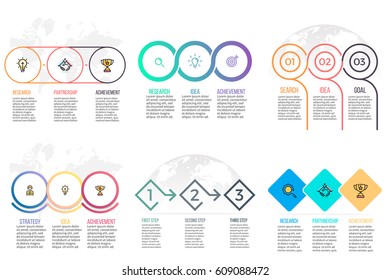 Business infographics. Presentation templates with 3 steps, options. Vector infographic arrows, flowcharts, diagrams, pie charts.