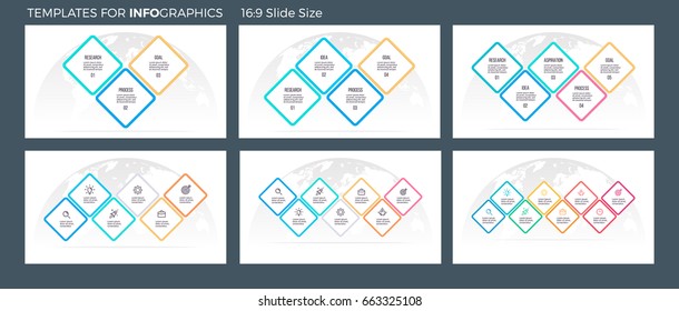 Business infographics. Presentation templates with 3, 4, 5, 6, 7, 8 connected squares. Vector infographic flowcharts, diagrams, timelines.