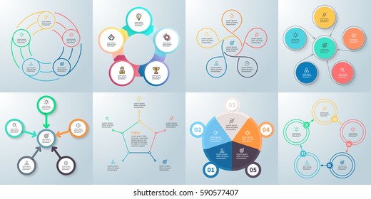 Business infographics. Presentation templates with 5 steps, options. Vector infographic arrows, flowcharts, diagrams, pie charts.