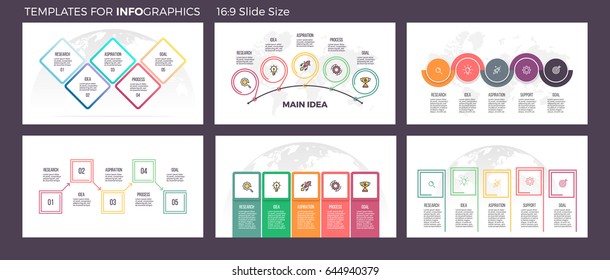 Business infographics. Presentation templates with 5 steps, options. Vector infographic slides, flowcharts, diagrams.