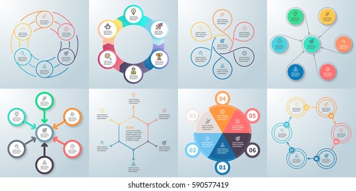 Business infographics. Presentation templates with 6 steps, options. Vector infographic arrows, flowcharts, diagrams, pie charts.