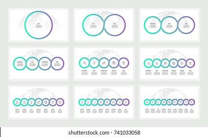 Business infographics. Presentations with 1, 2, 3, 4, 5, 6, 7, 8, 9 circles, options. Vector templates.