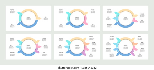 Business infographics. Presentations with 3, 4, 5, 6, 7, 8 steps, options, arrows. Vector templates.