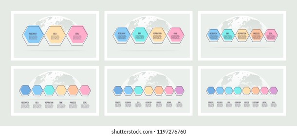 Business infographics. Presentations with 3, 4, 5, 6, 7, 8 steps, options, hexagons. Vector templates.  Editable line.