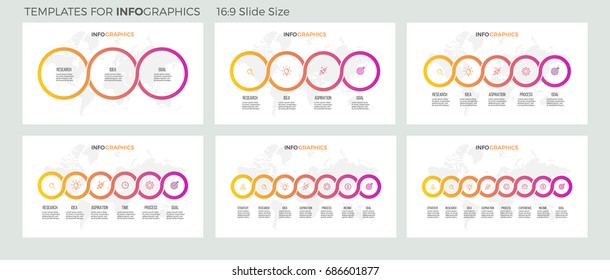 Business infographics. Presentations with 3, 4, 5, 6, 7, 8 steps. Connected circles. Vector infographic templates.