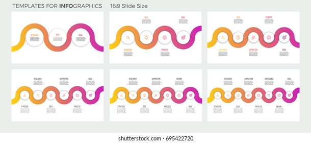Business infographics. Presentations with 3, 4, 5, 6, 7, 8 steps. Connected circles. Vector infographic templates.
