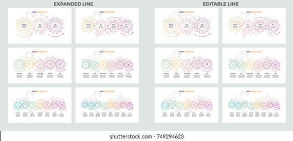 Business infographics. Presentations with 3, 4, 5, 6, 7, 8 steps, gears. Vector templates.