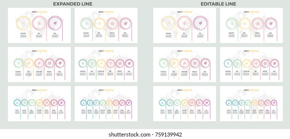 Business infographics . Presentations with 3, 4, 5, 6, 7, 8 options, circles, columns. Vector template.