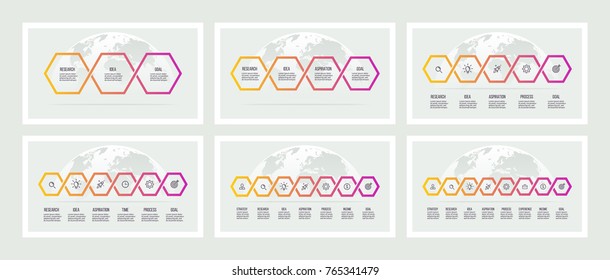 Business infographics. Presentations with 3, 4, 5, 6, 7, 8 steps. Connected hexagons. Vector templates.