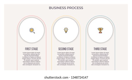 Business infographics. Process with 3 steps, labels, circles. Vector infographic elements.