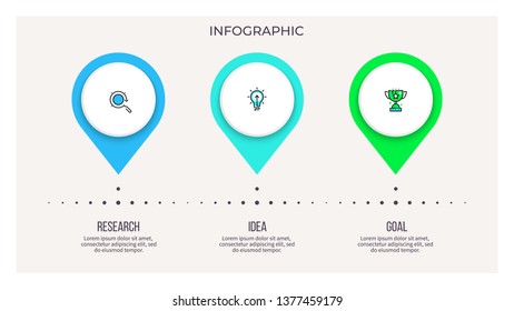 Business infographics. Process with 3 steps, labels, pointers, options. Vector chart.