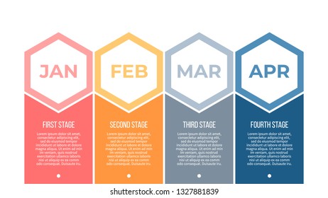 Business infographics. Process with 4 steps, labels, hexagons. Vector chart.