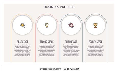 Business infographics. Process with 4 steps, labels, circles. Vector infographic elements.