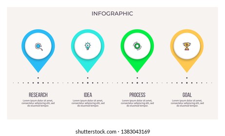 Business infographics. Process with 4 steps, labels, pointers. Vector infographic elements.