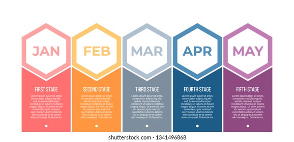 Business infographics. Process with 5 steps, labels, hexagons. Vector chart.