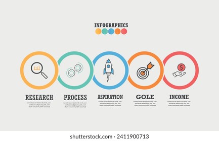 Business infographics. Process with 5 steps, labels, pointers. Vector infographic elements.
