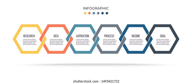 Business infographics. Process with 6 steps, options, hexagons. Vector infographic element