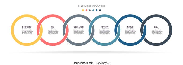 Business infographics. Process with 6 steps, circles, options. Vector chart.