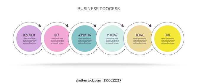 Business infographics. Process with 6 steps, labels, options. Vector chart.